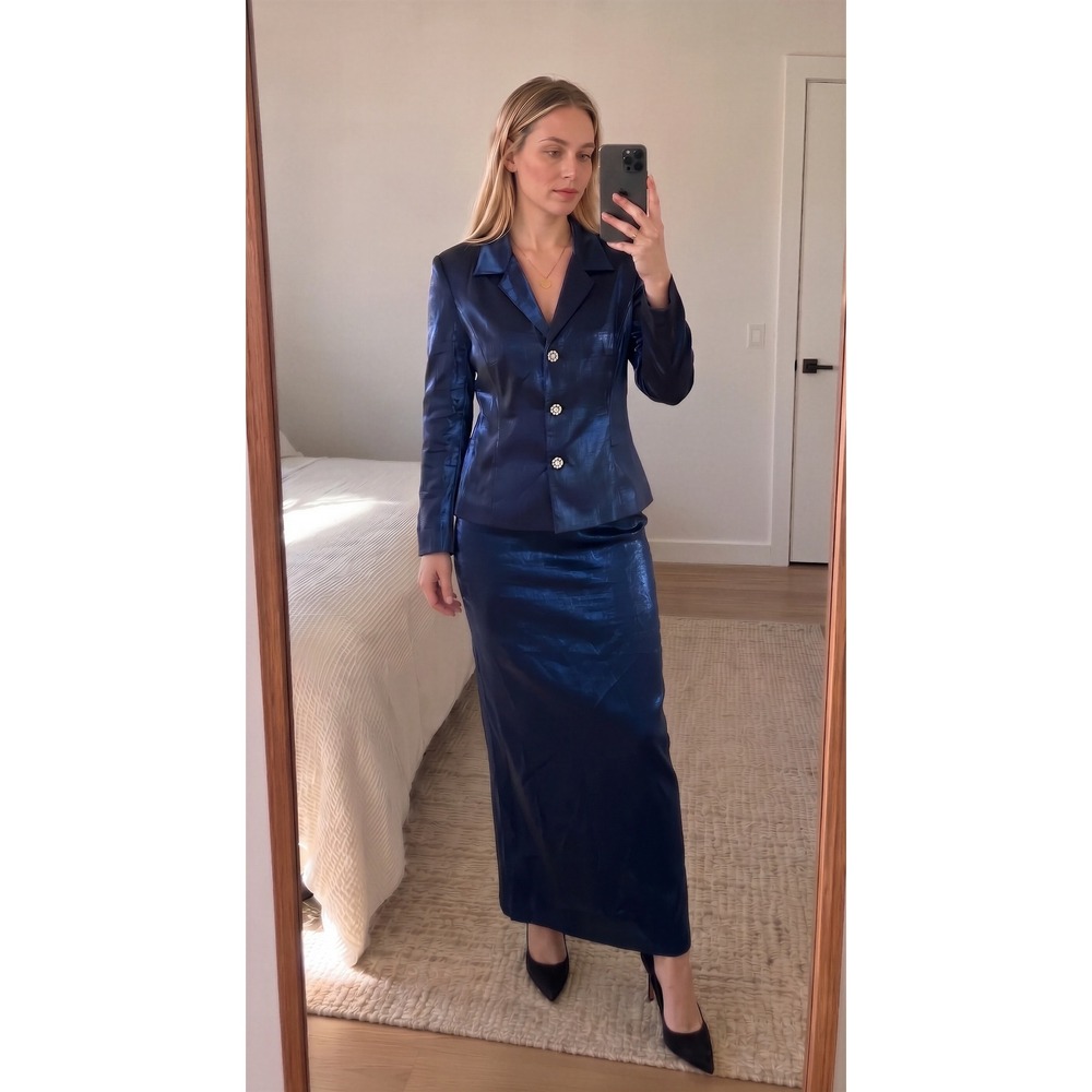 Alex Evenings Womens Blazer Skirt Set 12 Blue Shimmer Metallic Rhinestone Formal